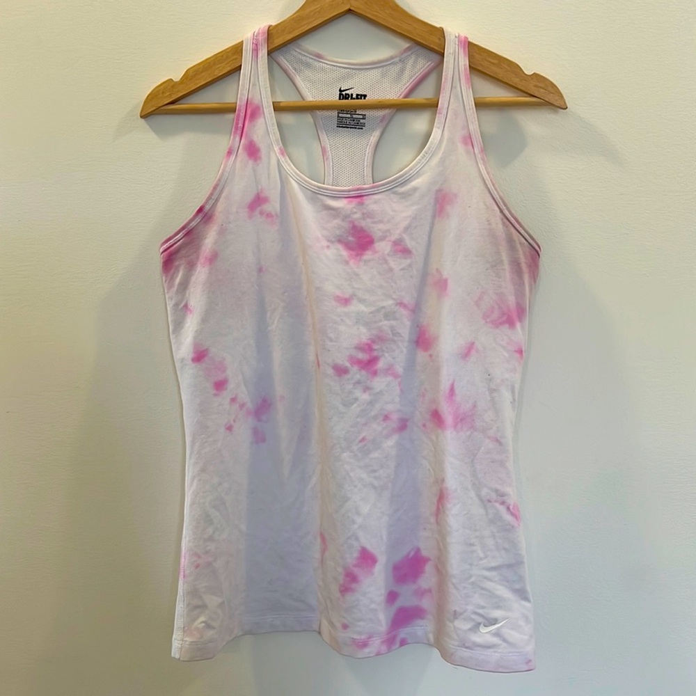 Nike XL Pink White Dri-Fit Tie Dye Racerback Tank with Shelf Bra